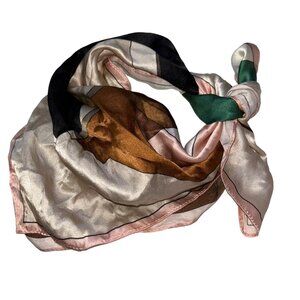 Vintage Pop Art 100% Silk brown cream pink graphic print scarf 21" sq